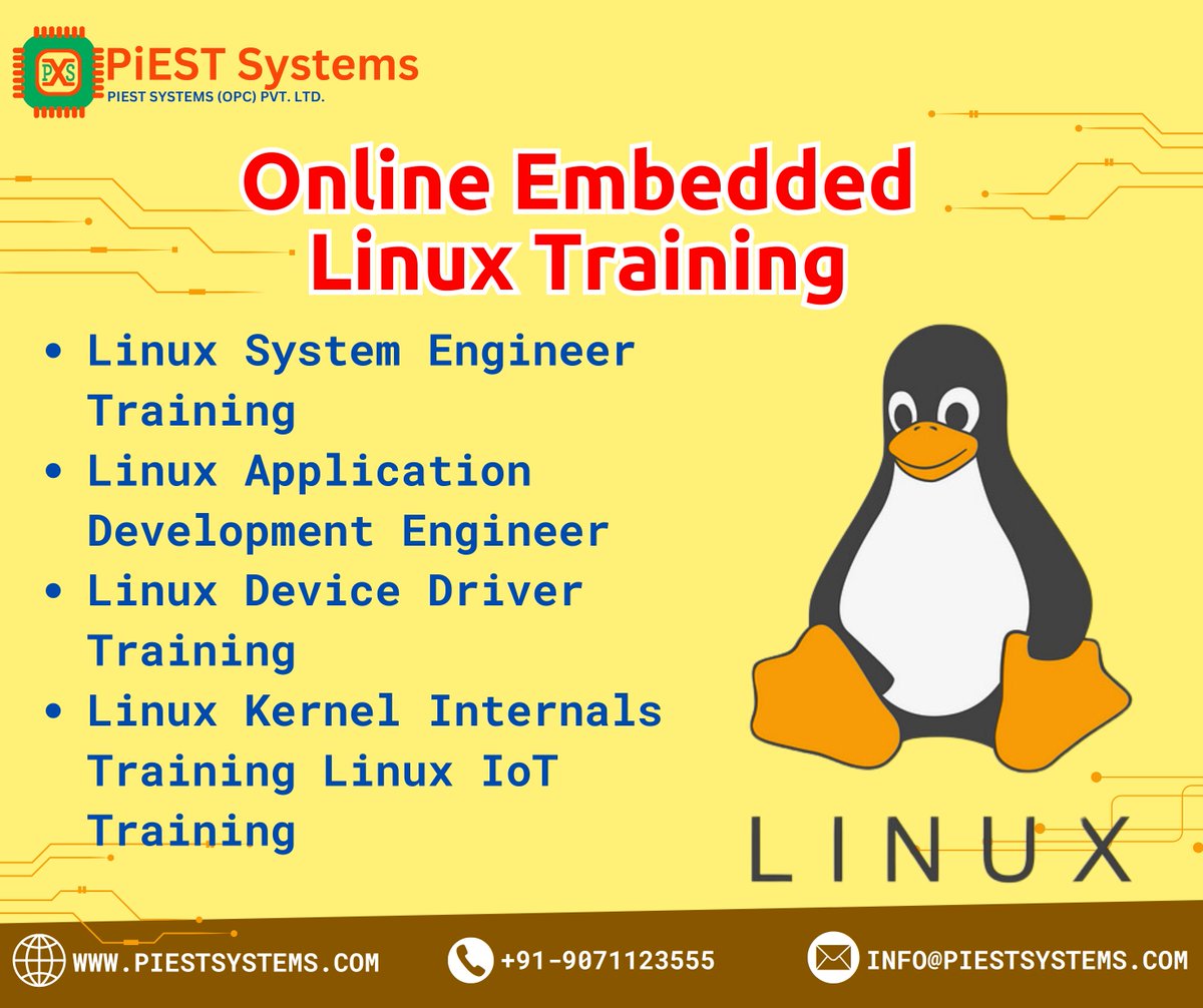 piestsystems's tweet image. 🚀 Boost Your Career with Piest Systems&apos; Comprehensive Linux Training Programs! 🖥️

🌐 Visit us at piestsystems.com
 📞Contact us at +91-9071123555
 📧Email: info@piestsystems.com
#LinuxTraining #EmbeddedLinux #LinuxSystemEngineer #LinuxApplicationDevelopment