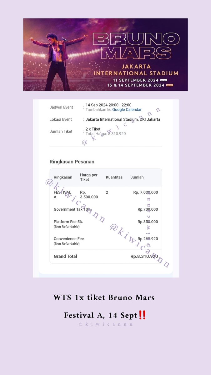 kiwicannn's tweet photo. WTS 1x Tiket Bruno Mars, 14 September‼️

🎟 Festival A 
💰 Normal Rp. 3.500.000/bole nego dm duluu ajaa
💳 Wajib dp/full payment
📌  Wristbandnya aku tuker hari-H karena aku juga nonton yaa jadi amann 
🧷 Alesan dijual: punya kakak dan berhalangan karena acara kantor https://t.co/KEvdp6cypm