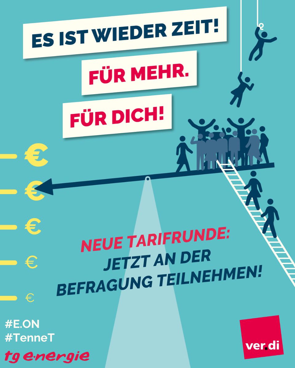 private Energiewirtschaft #EON - #TenneT
Was sind Deine Forderungen für unsere Tarifrunde? Wir starten jetzt in die Tarifrunde mit der großen Tarif-Befragung für alle Beschäftigten der Tarifgemeinschaft Energie im E.ON Konzern und bei TenneT. 

Mach mit: energieinverdi.de/tgenergie