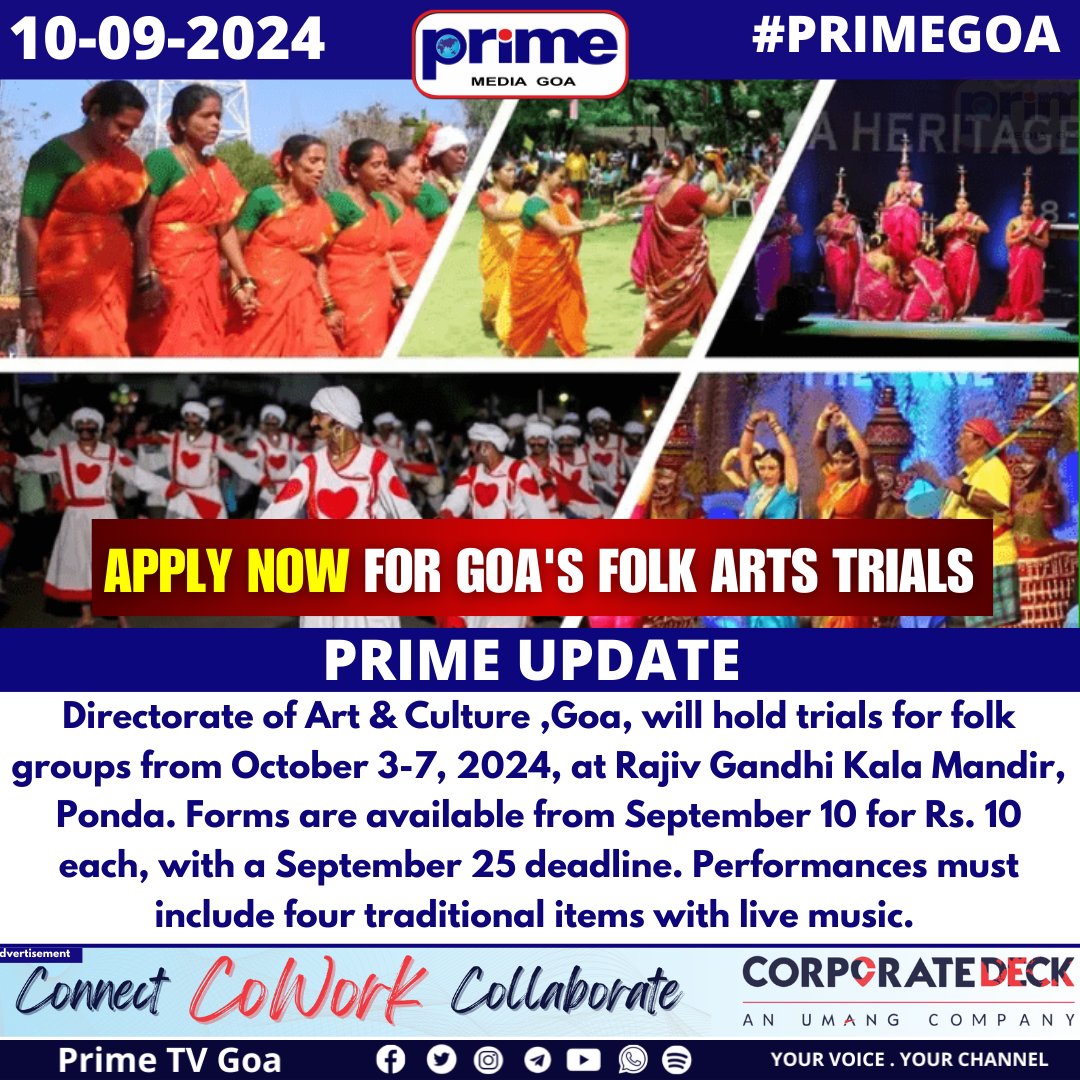PrimeTVGoa's tweet photo. SELECTION TRIALS FOR FOLK DANCE/ FOLK MUSIC GROUPS
#art #culture #goa #goatourisn #govindgaude #kalaacademygoa #rajivgandhikalamandirponda #ravindrabhavansankhali #competetion #selection https://t.co/9WqdckCpB5