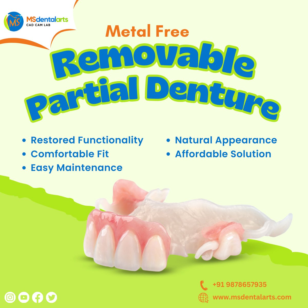 Msdentalarts's tweet photo. Transform your smile with MS Dental Arts’ Metal-Free Removable Partial Dentures! Enjoy a natural look, lightweight comfort, and a perfect fit without any metal. Ready for a smile that shines? 😁💫 #MSDentalArts #MetalFreeDentures #SmileTransformation https://t.co/efgvisYPLT