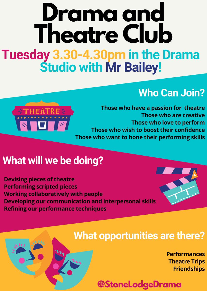 The Drama and Theatre Club starts again today in the <a href="/StoneLodgeDrama/">Stone Lodge Drama</a> Department, 3.30-4.30pm. 🙌🏻 We look forward to seeing you there. #Drama #DramaandTheatre #Extracurricular #Club