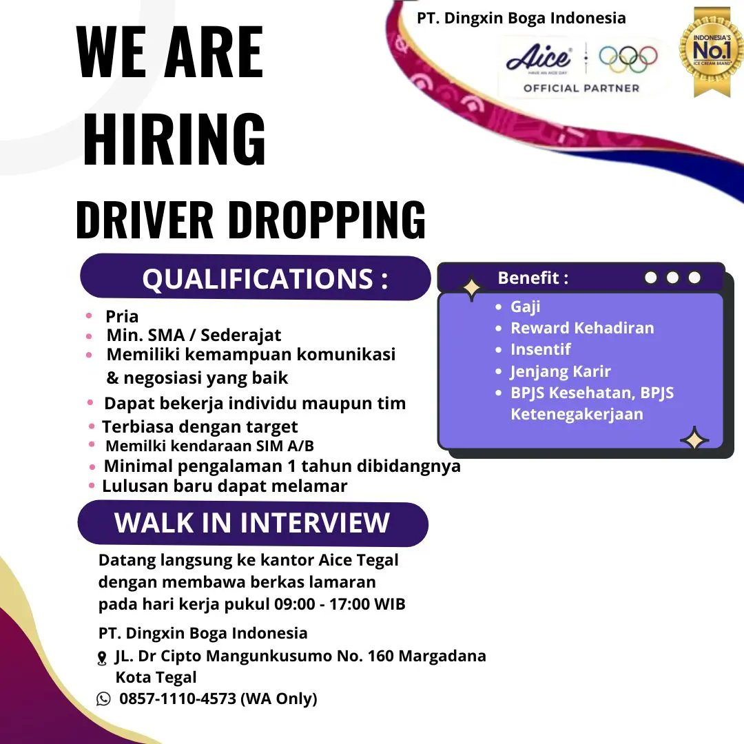 loker_tegal's tweet photo. Dibutuhkan !!
- Senior Accounting 
- SPV Penjualan 
- Sales TO &amp; NOO
- Driver Dropping 

Datang langsung ke Kantor AICE Tegal dengan membawa berkas lamaran pada hari kerja pukul 09.00 - 17.00 WIB

PT. Dingxin Boga Indonesia 
Jl. Dr Cipto Mangunkusumo No. 160 Margadana #lokertegal https://t.co/64c8t9tkab