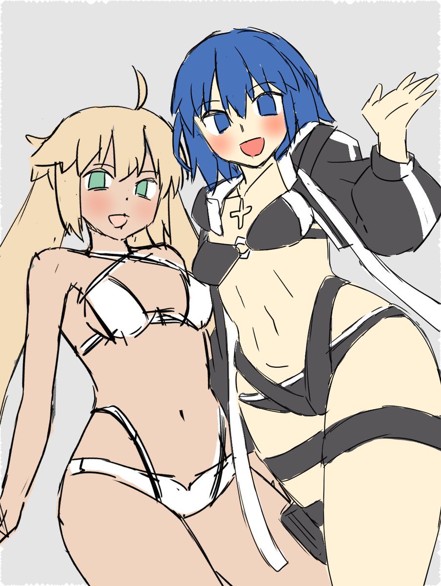 アルトリア・キャスター ,アルトリア・ペンドラゴン ,シエル先輩(月姫) 「#NSFW ラフまで描いていたバサトリア&C.I.E.L.先輩のオープンサマー組」|ぐりぐり＠🔞skeb作業中2／3件のイラスト