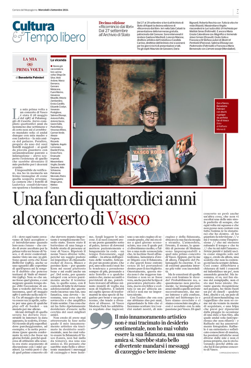 Benedetta Palmieri (@b_enedetta_) on Twitter photo Sul <a href="/corrmezzogiorno/">CorriereMezzogiorno</a>, il mio primo concerto di <a href="/vascorossi/">Vasco Rossi</a>, tra mai sopite emozioni e adolescenze.
Grazie a <a href="/MirellaArmiero/">MArmiero</a>.
(E a <a href="/raffamuffin/">Raffamuffin</a> – sempre dotato di maestria e pazienza nello scatto). Sul <a href="/corrmezzogiorno/">CorriereMezzogiorno</a>, il mio primo concerto di <a href="/vascorossi/">Vasco Rossi</a>, tra mai sopite emozioni e adolescenze.
Grazie a <a href="/MirellaArmiero/">MArmiero</a>.
(E a <a href="/raffamuffin/">Raffamuffin</a> – sempre dotato di maestria e pazienza nello scatto).
