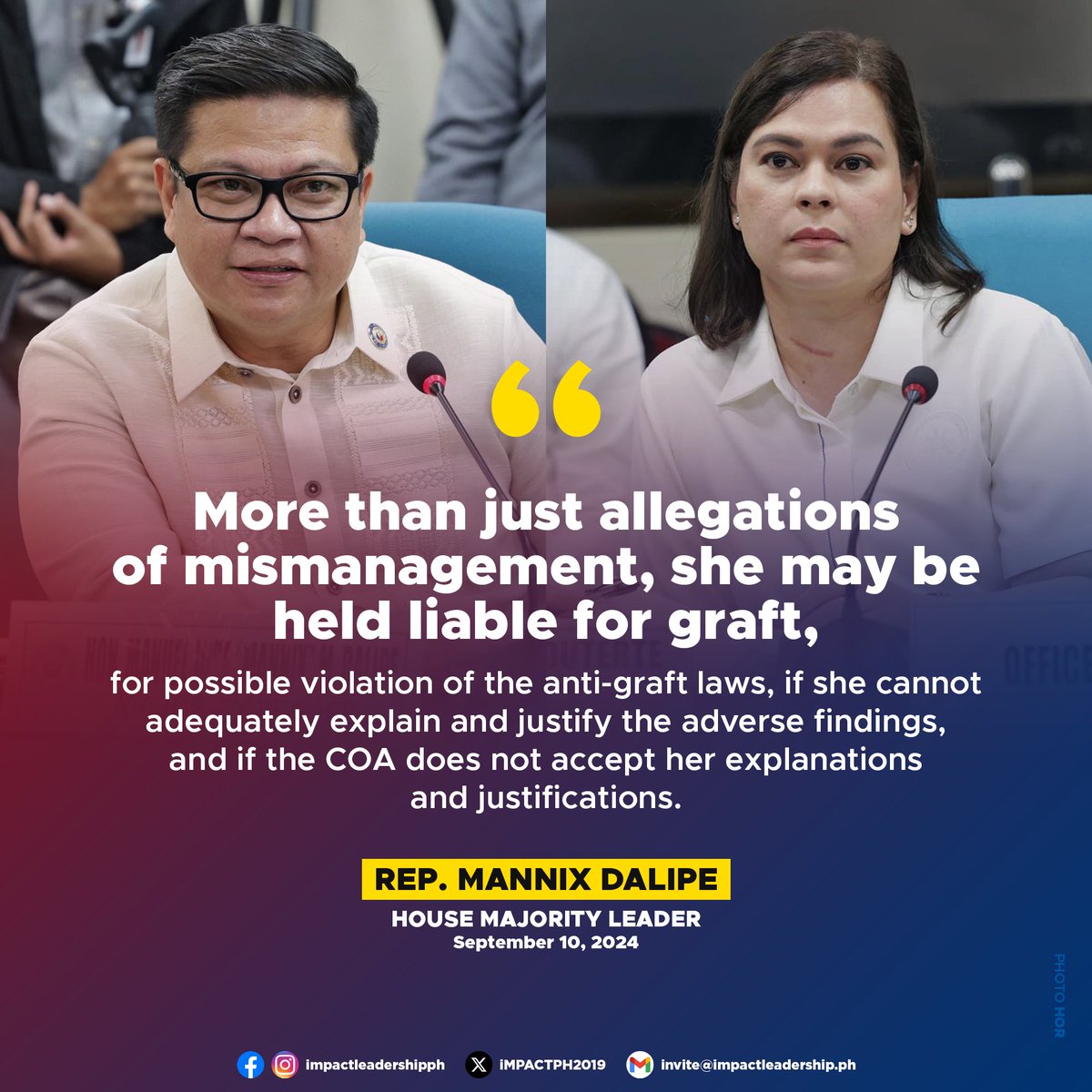 iMPACTPH2019's tweet photo. 'SHE MAY BE HELD LIABLE FOR GRAFT'

House Majority Leader Mannix Dalipe warned VP Sara Duterte could potentially face graft charges if she fails to adequately explain the P73.287 million disallowed by COA from the P125 million in confidential funds released to the OVP in 2022. https://t.co/vIel9CYyZn