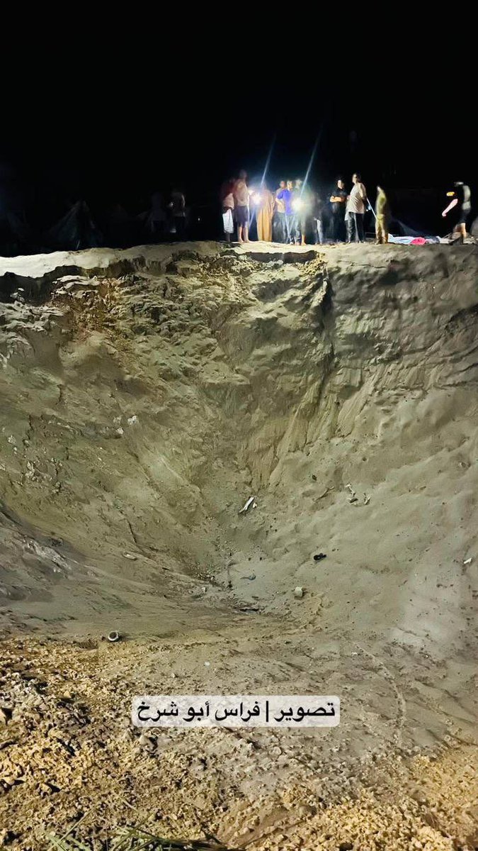 MustafaBarghou1's tweet photo. The Israeli army committed tonight a new massacre against the civilian Palestinians who shelter in tents in Khan younes Mawasi area which was declared by the Israeli army as a safe humanitarian area. 
100civilians including many children and women were killed or injured in the attack . 20 tents were shattered by the explosives. Some people were buried in the sand in 9 meters deep halls due to explosions caused by  5 huge Israeli rockets. 
Civil defense and medical teams denied categorically Israeli claims about the presence of any fighters in the targeted area which the Israeli army forced civilians to shelter in claiming it was a safe humanitarian zone.