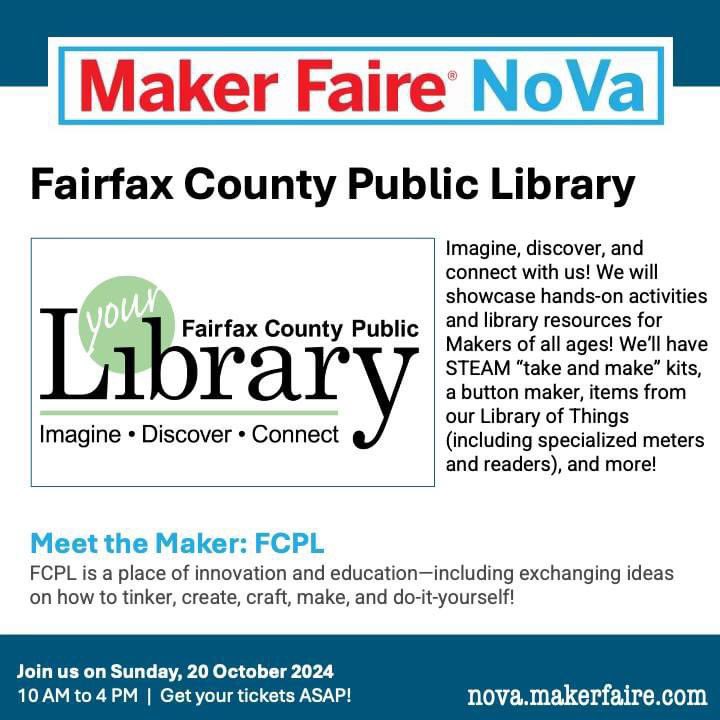 _homemaker's tweet image. Imagine, discover &amp;amp; connect @fairfaxlibrary! STEAM “take &amp;amp; make” kits, button maker, Library of Things (specialized meters &amp;amp; readers) &amp;amp; more! Sun, 20 Oct from 10 AM-4 PM at Alexandria City High School, so don't be overdue &amp;amp; get tickets: nova.makerfaire.com/tickets/
#LibraryMakerspaces