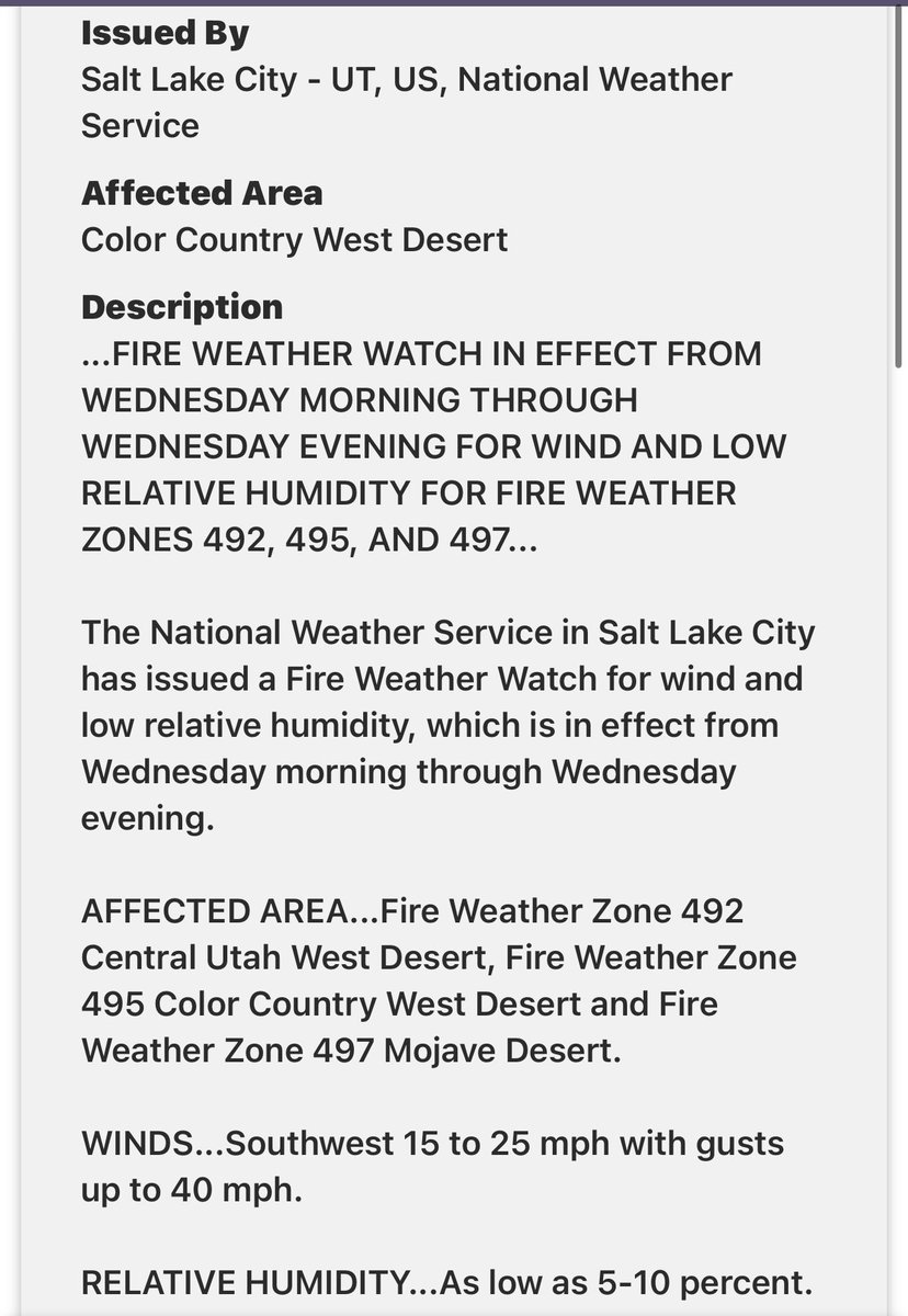 SWUtahWxSpotter's tweet photo. FIRE WEATHER WATCH 👀
#southernUtah will be in a fire weather watch on Wednesday for wind &amp; low RH.  Currently, across Utah, T-Storms have been causing fires.  The National Preparedness level went back to a 5  from the current 4, due to an increase in fire activity. #utwx #Utah https://t.co/vFNyfFhBn1