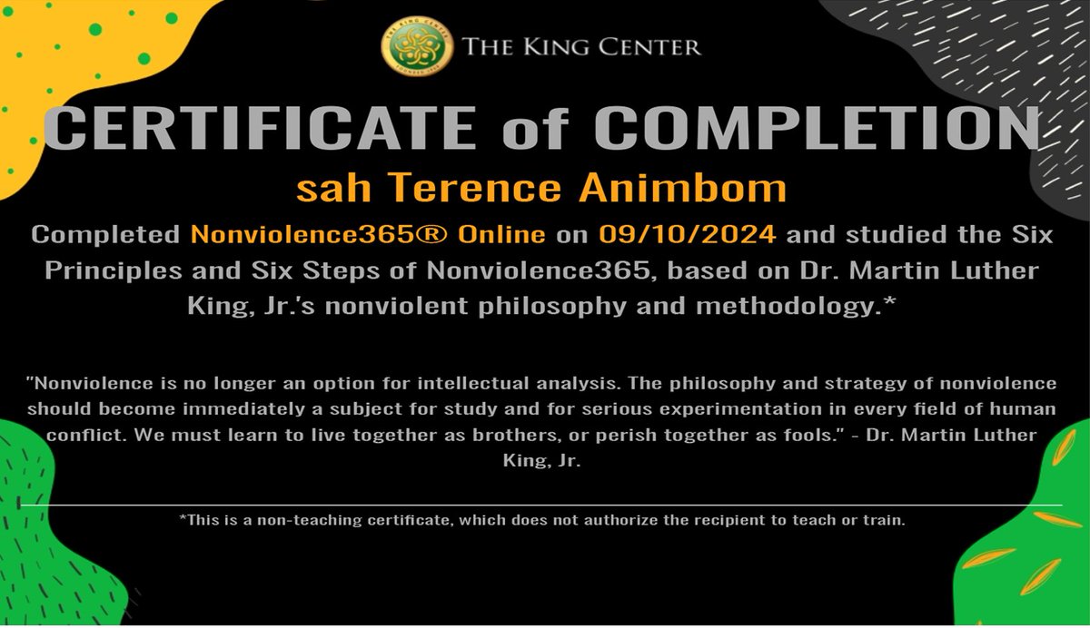 SAnimbom's tweet photo. I am incredibly happy to complete the Nonviolence 365 training with the @TheKingCenter. Nonviolence is Indeed a way of life and we must be very intentional about practicing it in every day life. Thank you @TomiaChu   and Children's Fate for the recommendation. https://t.co/GhxsgrghLL