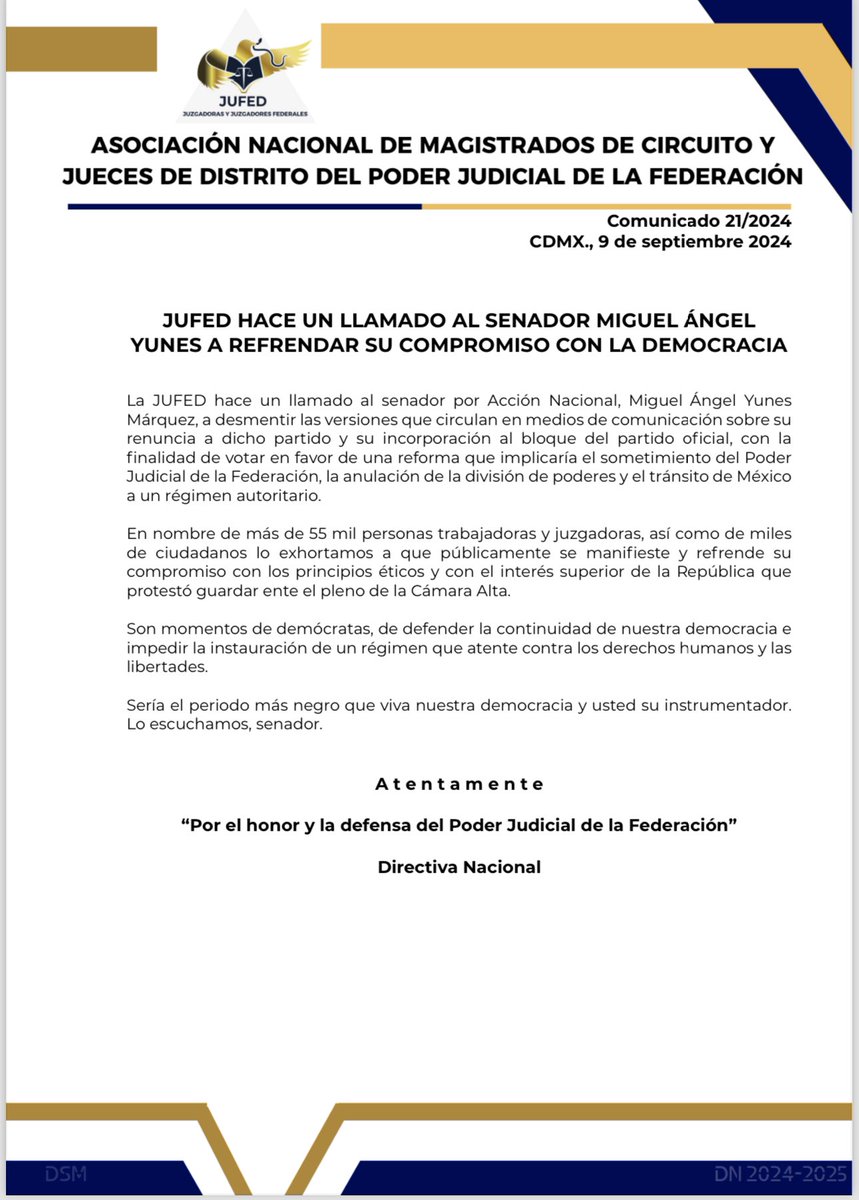 🟡#COMUNICADO La #JUFED hace un llamado al Senador Miguel Ángel Yunes a refrendar su compromiso con la democracia.