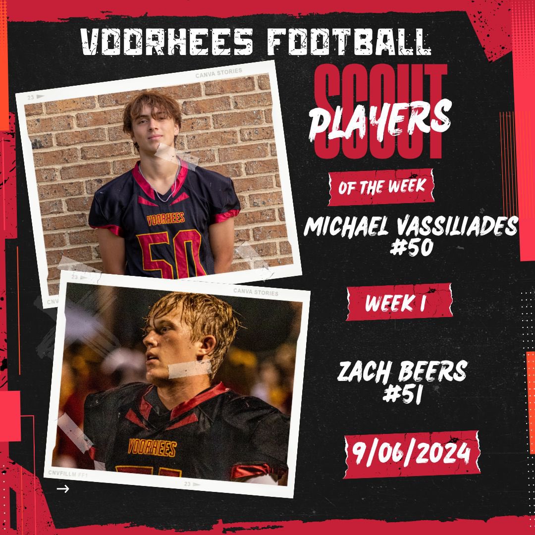 Shoutout to our Week 1 standouts! 

🔹 Player of the Week: Matteo Tramutola
🔹 Competitor of the Week: John Serritella
🔹 Scout Players of the Week: Michael Vassiliades &amp; Zach Beers

Proud of these Vikings for leading the charge!#VoorheesVikings #PlayerOfTheWeek #VikingsFootball