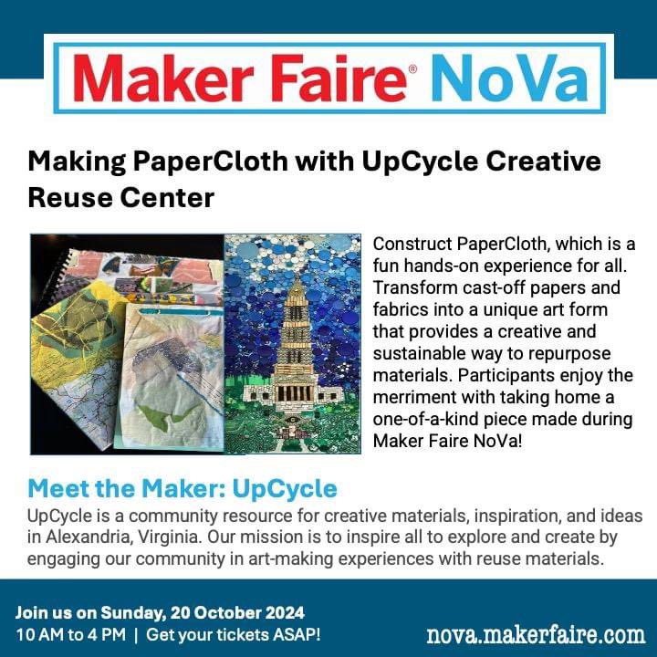 _homemaker's tweet image. Did you know you can construct PaperCloth with @UpCycleCRC? Transform cast-off papers &amp;amp; fabrics into a sustainable &amp;amp; repurposed art form. Enjoy a take home piece @makerfairenova! Sun, 20 Oct from 10 AM-4 PM at Alexandria City High School, so get tickets: nova.makerfaire.com/tickets/