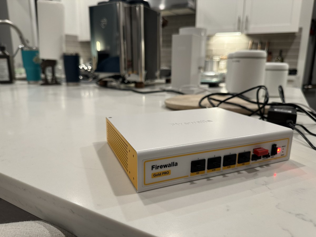 Unreasonably excited about this little yellow box.  Firewalla Gold Pro is the best, smallest, and cheapest home firewall/router by far if you have more than 2.5Gbps Internet.  My new house has 8.5Gbps GFiber and I was waiting patiently for this to ship