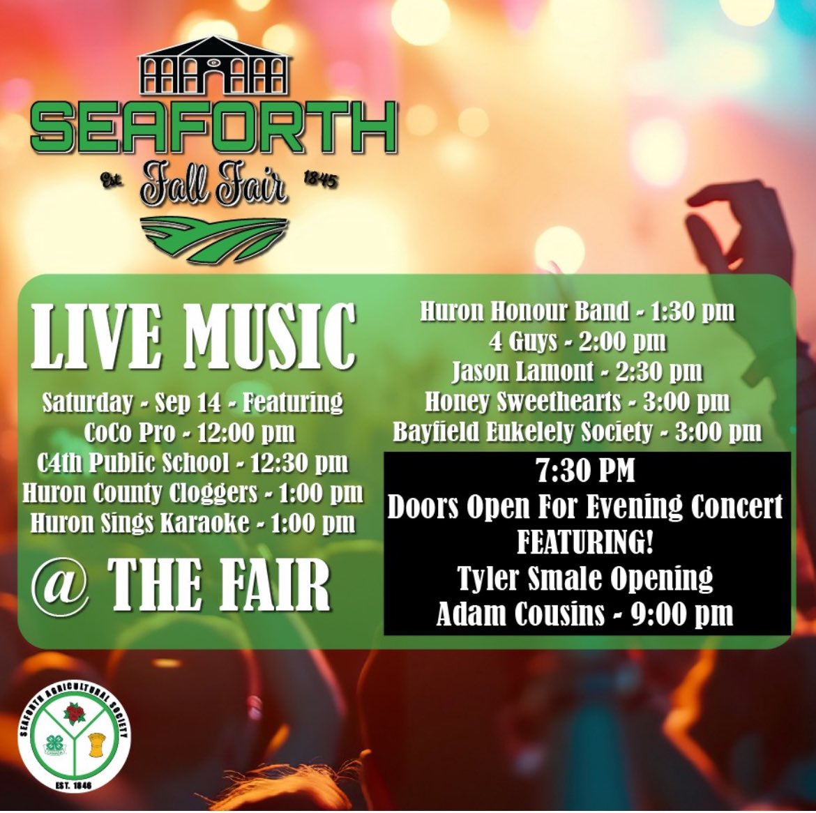 Going to be a great weekend of live music and Agriculture at Seaforth Fall Fair this weekend!!! Come out to beer tent Friday night and to Adam Cousins concert on Saturday night!!!