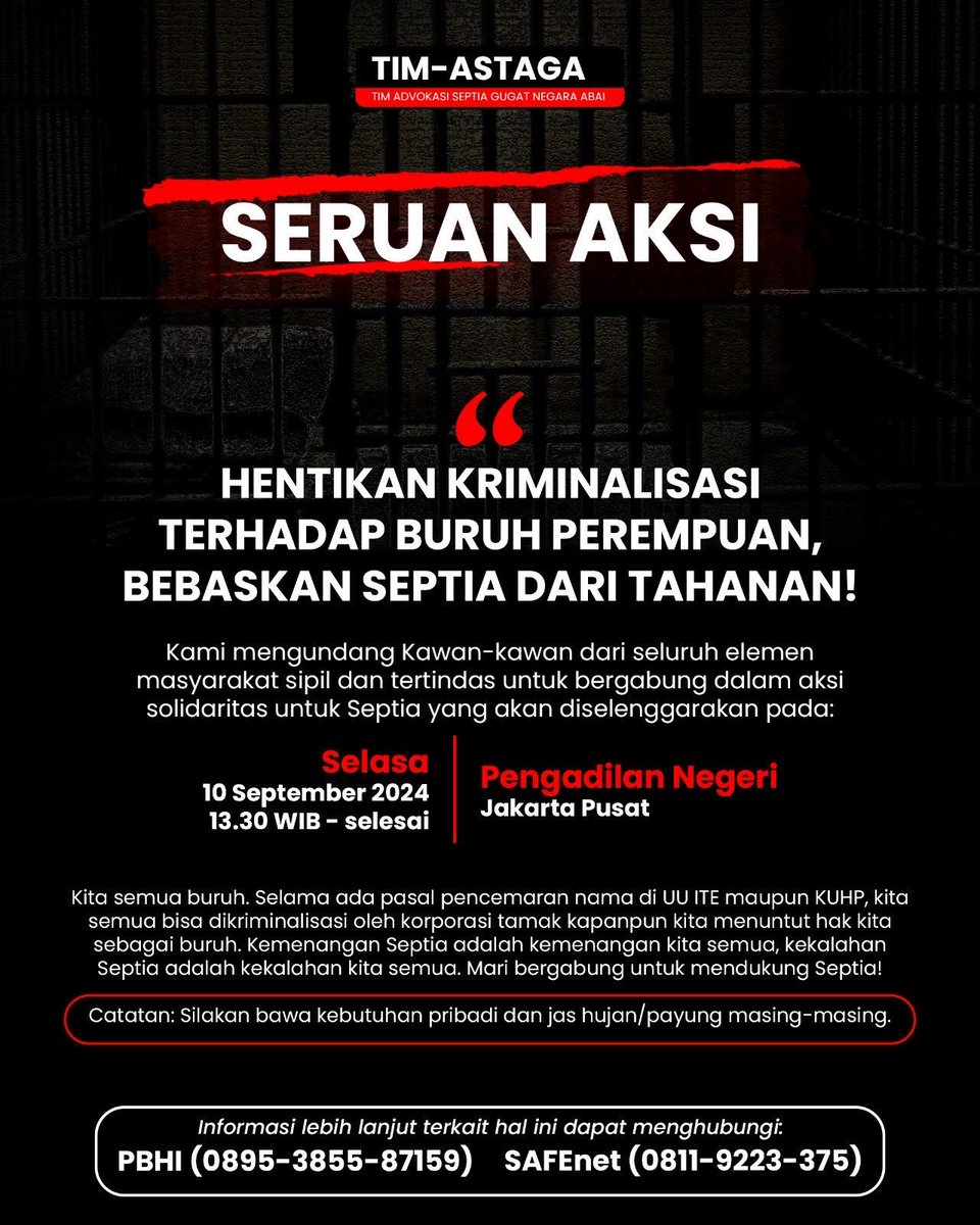 safenetvoice's tweet photo. SERUAN AKSI!

Kita semua buruh. Selama ada pasal pencemaran nama di UU ITE maupun KUHP, kita semua bisa dikriminalisasi oleh korporasi tamak kapanpun kita menuntut hak kita sebagai buruh. 

HENTIKAN KRIMINALISASI TERHADAP BURUH PEREMPUAN, BEBASKAN SEPTIA DARI TAHANAN! https://t.co/akpECTleWL