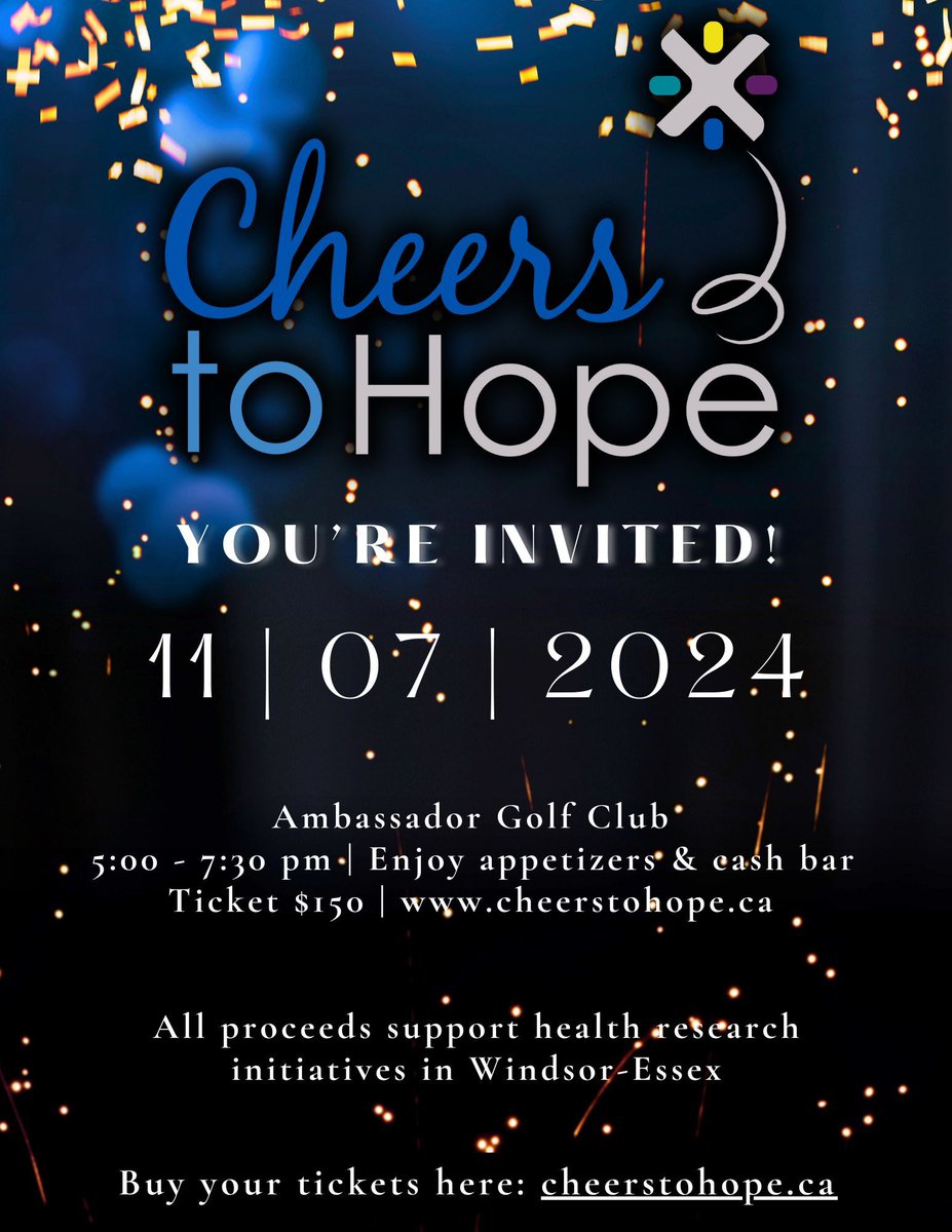 🌟 We are excited to officially announce our annual Cheers to Hope event on November 7th 2024! 

🗓️ WHEN: 5-7:30 PM, Nov 7th, 202
📍 WHERE: Ambassador Golf Club, 1025 Sprucewood Ave
🎟️ BUY YOUR TICKET: buff.ly/3XzlasM ($150/p)