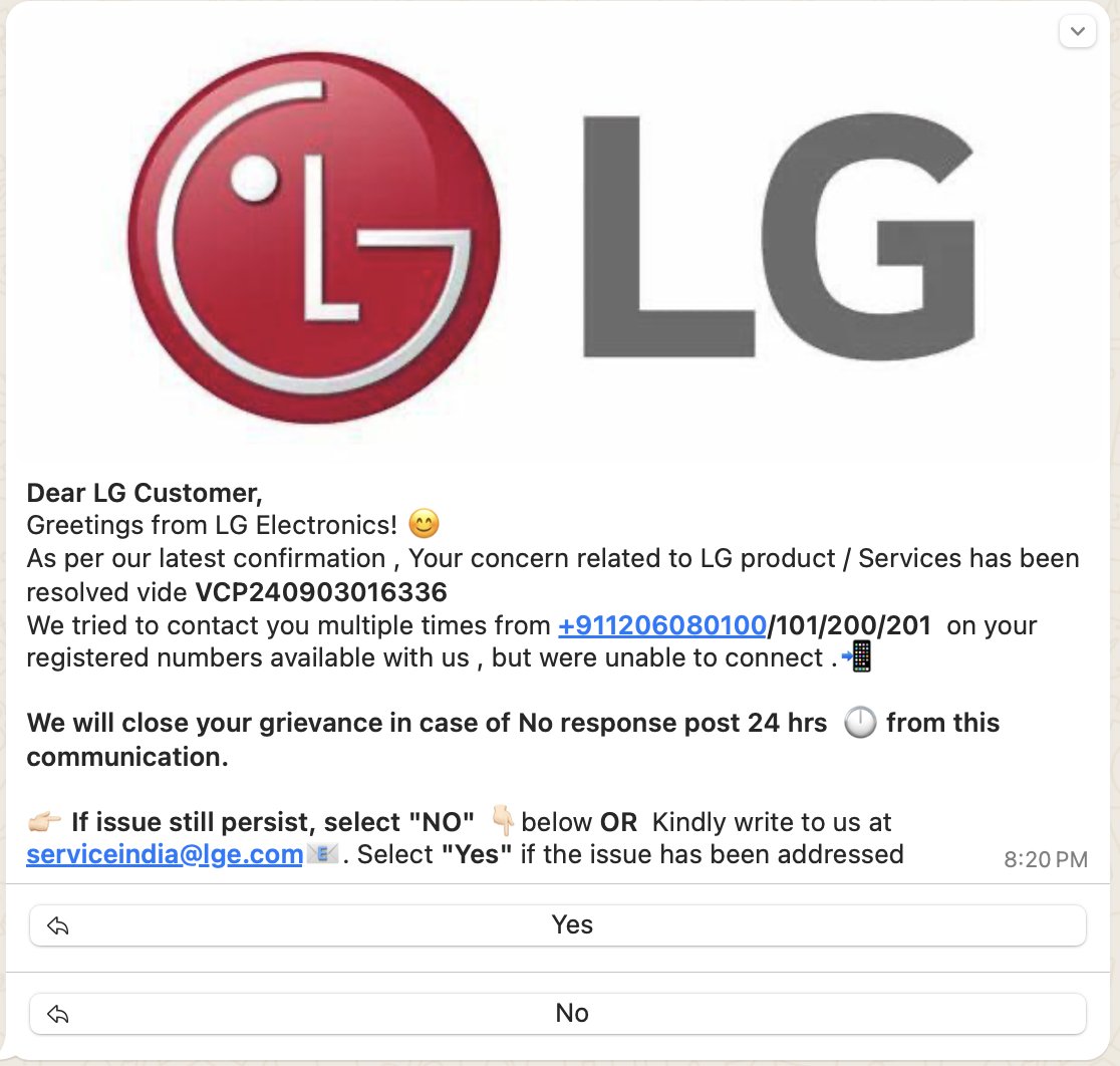 arunacharya's tweet photo. #LGCares or #Lies? #LG #LGIndia my #OLEDTV bought in Jan still not fixed.  All I see is this message from #CustomerCare daily but no calls made or received.  #LGCares only wants to close #ticket. https://t.co/IX9Kqjt6mp