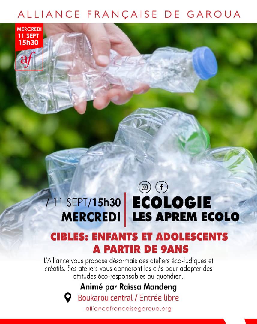 Retrouvez-nous à l’Alliance Française de Garoua pour une rentrée scolaire pas comme les autres au Cameroun 🇨🇲 intitulée: APREM-ÉCOLO avec les enfants   de toutes les couches avec des ateliers de recyclage des bouteilles plastiques ♻️😉💚Soyons tous éco-responsables 💃🏽
<a href="/AfGaroua/">Alliance française de Garoua</a>