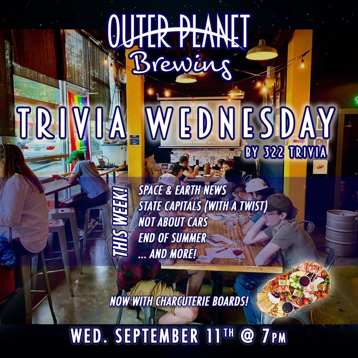 This Wednesday! Our bi-monthly trivia is back, now with charcuterie boards available to feed your brain 🍖🧀  Game starts at 7pm, bring your team of 1-5 players, free to join and prizes for teams in 1st, 2nd and last place 🏆🍺❓ 
#trivia #brewerytrivia #triviawednesday