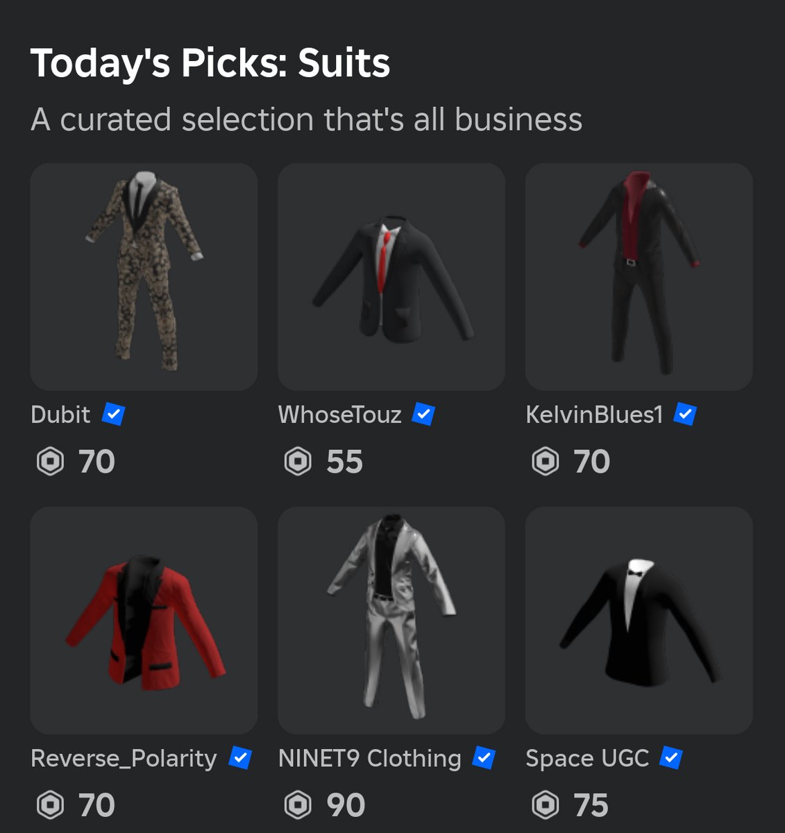 RBLX_Picks's tweet image. #TodaysPicks for male-identifying users is well-suited. #RobloxUGC suiting from #dubit, @KelvinBlues1, @ReverseRBLX, @WhoseTrade, @SpaceWaCe, and @yourius.