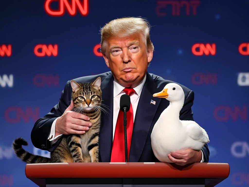 alx's tweet photo. Tomorrow on the debate stage, Donald Trump should assure Americans he will do everything in his power to protect cats and ducks everywhere. https://t.co/dkZfxLu8Aw