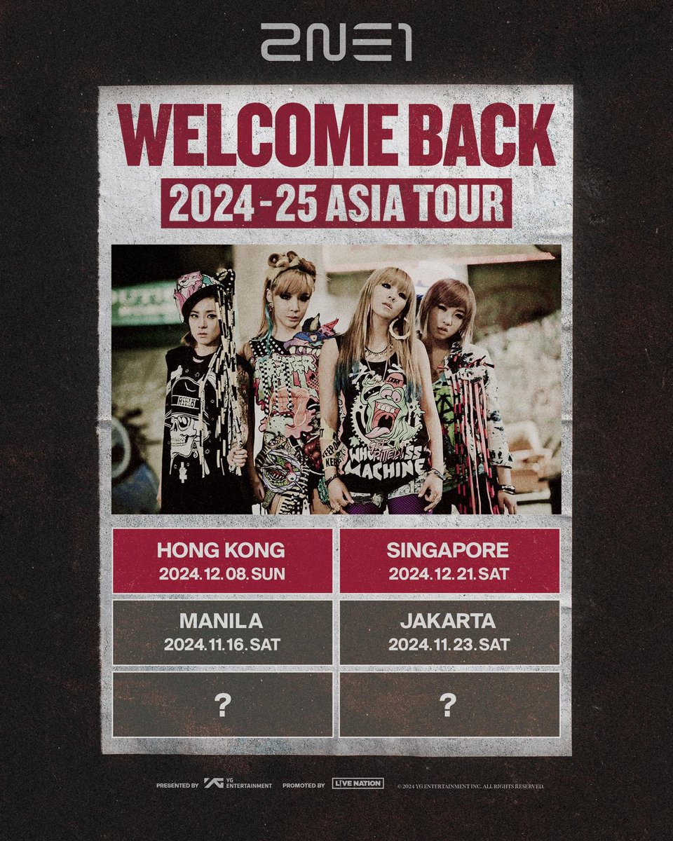 _hallyupop's tweet image. 2NE1 WELCOME BACK 2024-25 ASIA TOUR!
2 more spot left. What will be your guess? Malaysia and Thailand? 🙏