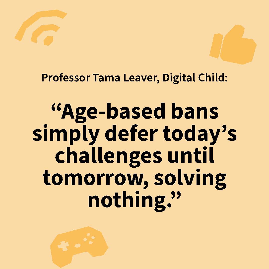 ARC Centre of Excellence for the Digital Child (@digitalchildau) on Twitter photo Reflections from our #DigitalChild researchers today after a #socialmediaban was announced by <a href="/AlboMP/">Anthony Albanese</a>
<a href="/tamaleaver/">Tama Leaver (on hiatus)</a> says: "Age-based bans simply defer today’s challenges until tomorrow, solving nothing."
<a href="/CurtinMedia/">Curtin Media</a> Reflections from our #DigitalChild researchers today after a #socialmediaban was announced by <a href="/AlboMP/">Anthony Albanese</a>
<a href="/tamaleaver/">Tama Leaver (on hiatus)</a> says: "Age-based bans simply defer today’s challenges until tomorrow, solving nothing."
<a href="/CurtinMedia/">Curtin Media</a>
