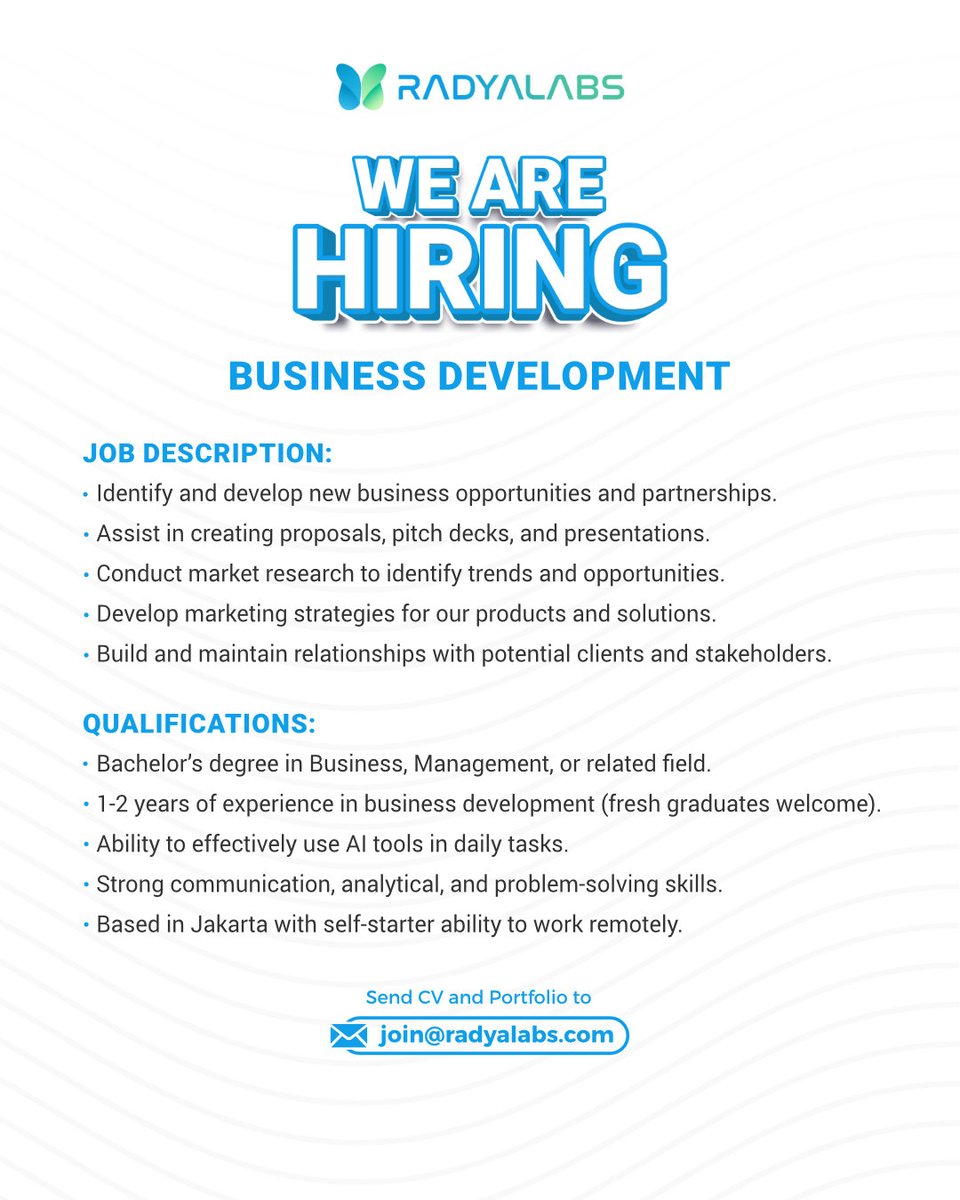 Radya Labs yang merupakan konsultan jasa teknologi dan informasi dengan solusi pengembangan perangkat lunak (software), kembali membuka kesempatan untuk teman-teman yang ingin bergabung bersama Radya Labs untuk posisi Business Development.

#rekrutmen #loker2024 #karirit