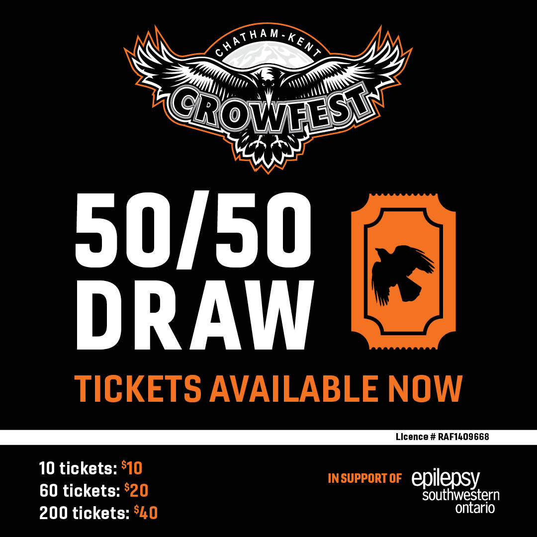 💰 Don’t miss your chance to win big with the Crowfest 50/50 Raffle! 🎟️ Half the pot goes to one lucky winner, and the rest supports Epilepsy Southwestern Ontario. Get your tickets before 4:30 PM on Sept 21! Link in bio.

#crowfestck #chathamkent