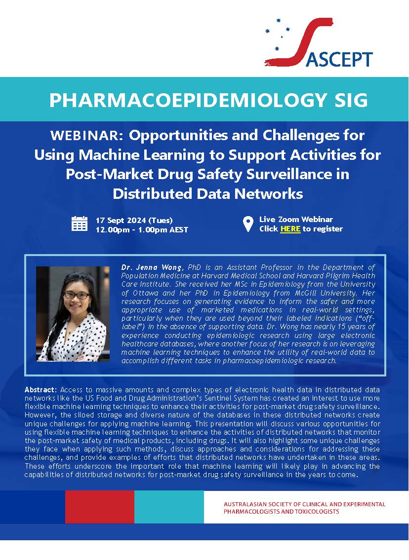 Register now for the <a href="/ASCEPTanz/">ASCEPT</a>  #Pharmacoepidemiology SIG webinar masterclass with Dr. Jenna Wong on using Machine Learning to Support Activities for Post-Market Drug Safety Surveillance. Sep 17th, 12 pm. Register now: monash.zoom.us/webinar/regist…