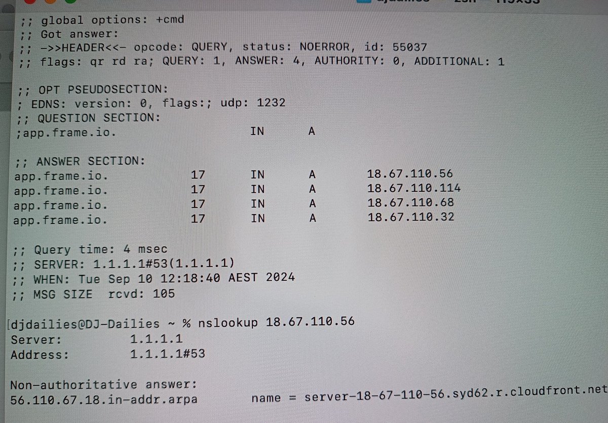 piersg's tweet photo. @Frame_io hey, we are having very slooow experience here in Sydney ATM, colleagues in Brisbane aren't. Below is some DNS resolution info, I can see we are being sent to Sydney cloudfront https://t.co/XtVpPJvwbv