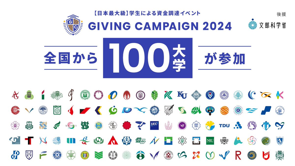 toganakazawa's tweet photo. 先ほど、Giving Campaign 2024に全国100大学が参加すること、文部科学省の後援が決定したことを発表しました🎉

日本にある国立大学の60%に参加して頂いており、前回の箱根駅伝の参加大学数が57校であることを踏まえるといよいよ日本最大級のイベントになってきました。

「学生起業では大学経営というテーマは難しすぎる、そもそもどうやって大学と取引するのか」と言われていましたが、4年間ビジョンもミッションもブレすことなくチャレンジを継続できた証を発表できたことをとても嬉しく思います。

Giving Campaign2024開催まではあと1ヶ月程度ありますので、気を抜かずに走り抜けます！引き続き宜しくお願いします。
#GivingCampaign 

▼以下宣伝
Giving Campaign2024にスポンサードしてくださる会社様を残り5社程度募集しています！

・1週間のオンラインイベントで30万人程度の学生が参加します(去年の34大学の時は学生10万人が参加)
・学生200人との対面イベントと10万人程度のオンラインコミュニティでの学生との交流が主なベネフィットです

学生インターンを募集中の企業様、新卒の母集団形成を始められている企業様をお待ちしています！！