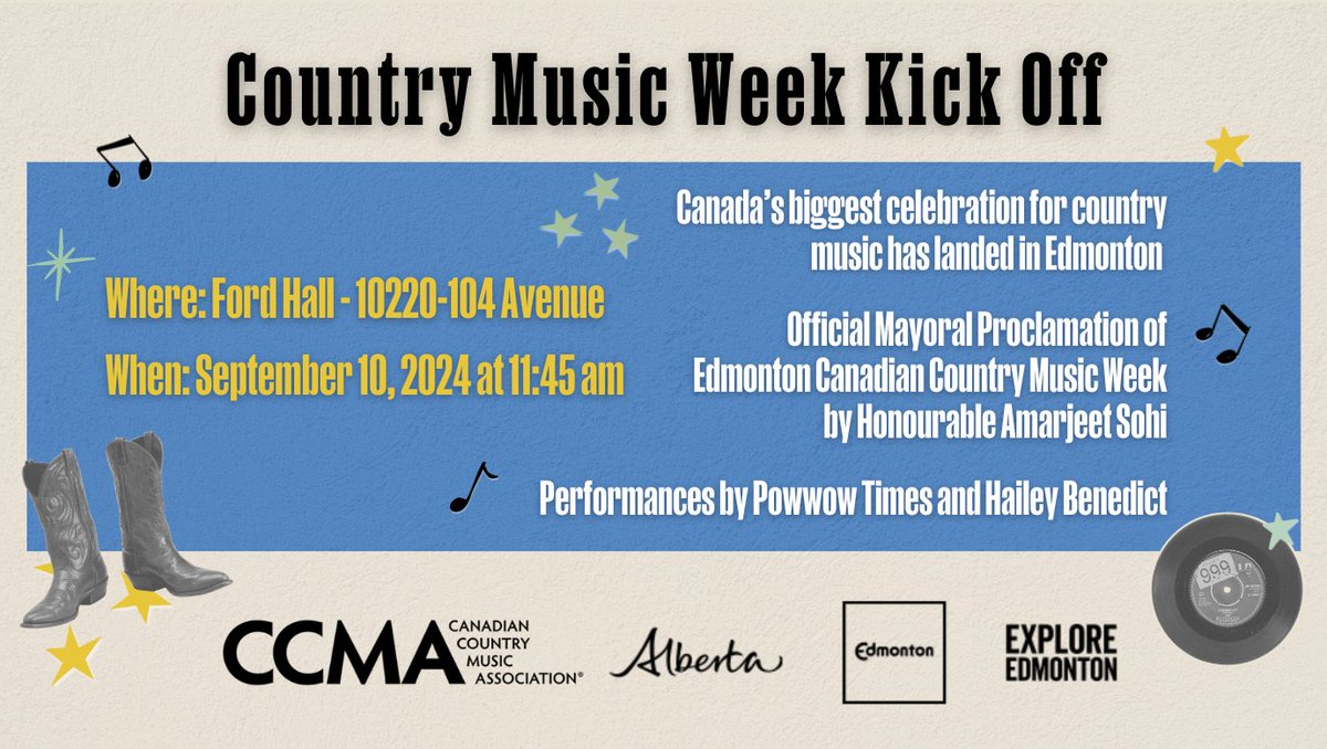 L_Farnell's tweet photo. 📢 Calling all #YEG media - @CCMAofficial Country Music Week kicks off tomorrow! Dust off yer boots + join us 11:45am at Ford Hall 🤠#YEGHAW 

@840CFCW | @CISNCountry | @ctvedmonton | @GlobalEdmonton | @CBCEdmonton | @edmontonjournal | @Edmontonsun | @CityNewsYEG | @EdifyEdmonton https://t.co/Wyb9YBTdIi