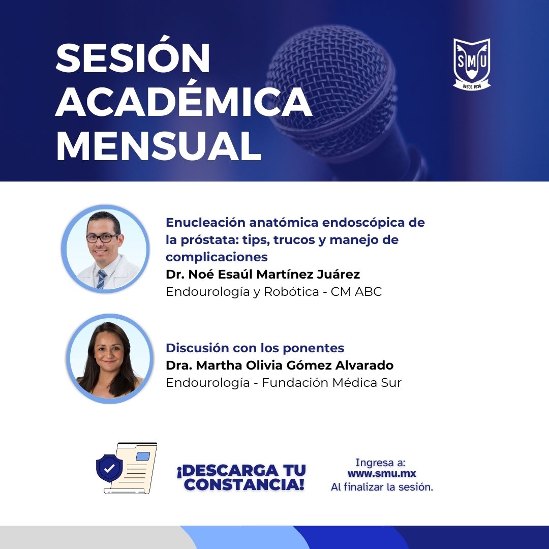 ¡Reserva la fecha!
Únete a nuestra Sesión Mensual Académica el 12 de septiembre en el Auditorio SMU, también disponible en nuestra página web y Facebook. ¡Te esperamos! 🎓📚

🕣 Horario: 20:00 hrs.

#UrologíaEnMovimiento #SMU24