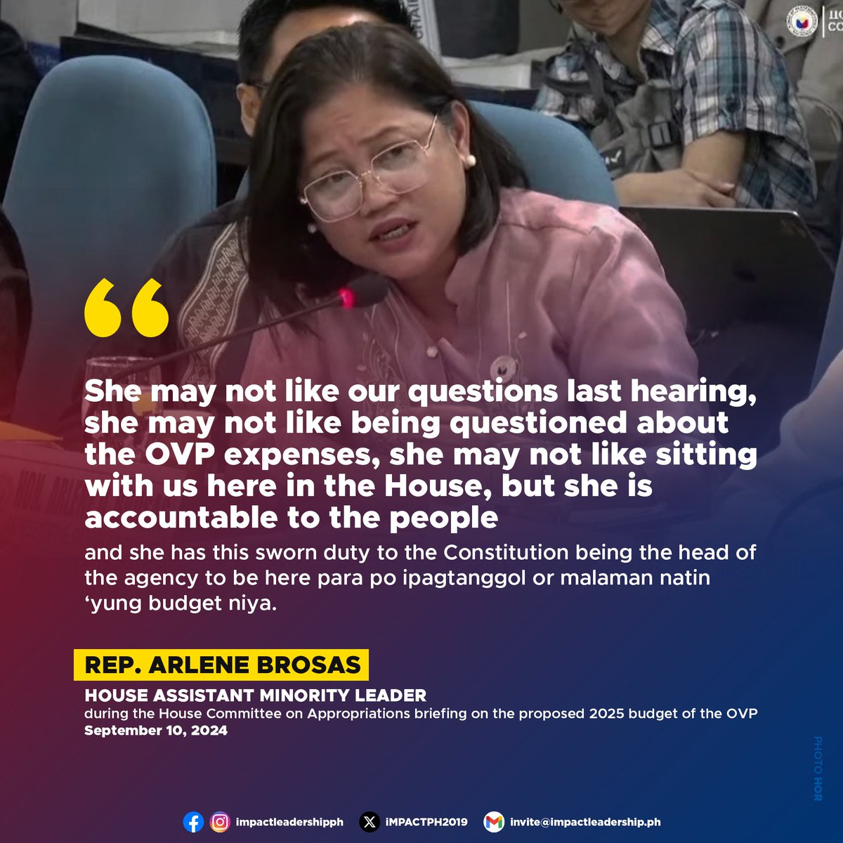 iMPACTPH2019's tweet photo. 'SHE MAY NOT LIKE BEING QUESTIONED'

House Assistant Minority Leader and Gabriela Women's Party Rep. Arlene Brosas emphasized Vice President Sara Duterte's responsibility to answer questions about the Office of the Vice President's (OVP) expenses. #BantayBudget2025 https://t.co/X4IGHa8dPi