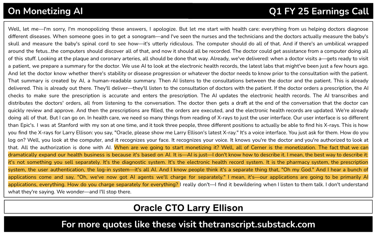 TheTranscript_'s tweet photo. $ORCL CTO goes off when asked about when they will start monetizing AI:

"I mean the best way to describe it. It's not something you sell separately...And I know people think it's a separate thing that, "Oh my God." And I hear a bunch of applications come say, "Oh, we've now got AI agents we'll charge for separately. I mean...our applications are going to be primarily AI applications, everything. How do you charge separately for everything I really don't -- I find it bewildering when I listen to them talk. I don't understand what they're saying"