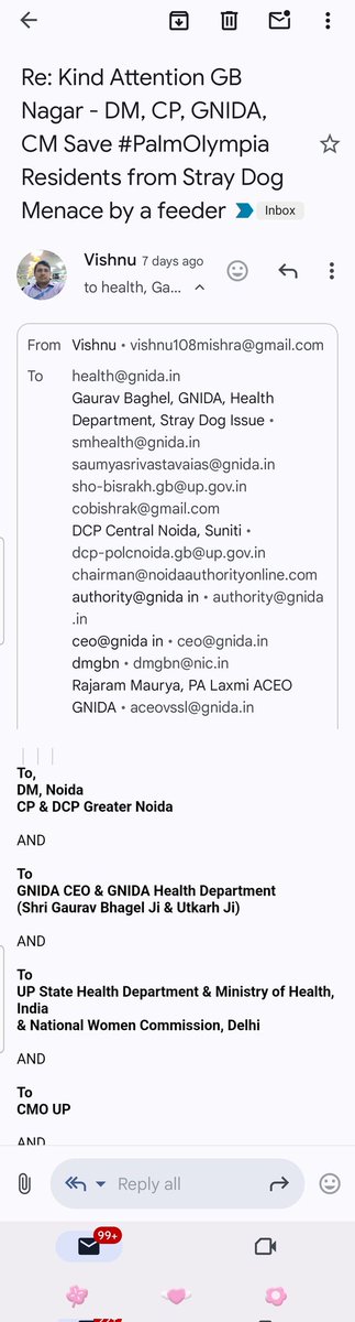 JaiBharat_Ind's tweet photo. @DCPCentralNoida @ShaktiAvasthy @SHObisrakh
Thank you Sir from 8k resident's of #PalmOlympia 4 making 1st FIR against public nuisance. Refer attached email &amp; Attachment "12-Stray Dog Control - Laws &amp; Judgments - UP Aug '24.docx" appropriate BNS section &amp; take strick action asap https://t.co/f3Lf0xsV35