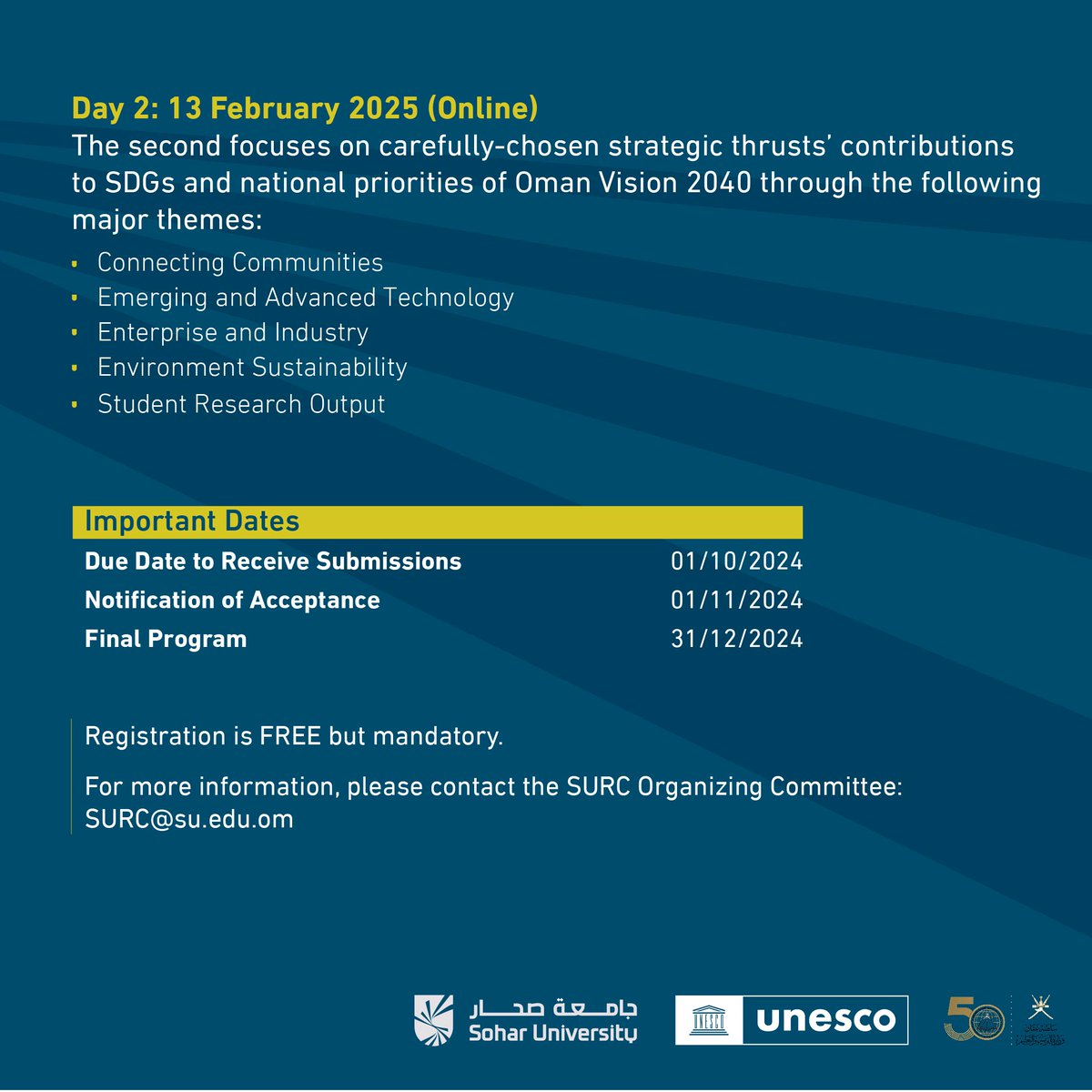 We at SU cordially invite you to participate in our upcoming conference according to the following details. See you in Sohar in February 2025.