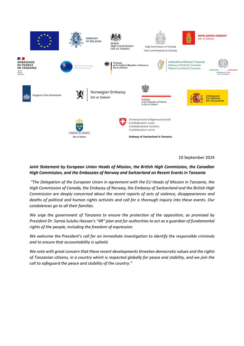 EUinTZ's tweet photo. Joint Statement by European Union Heads of Mission, the British High Commission, the Canadian High Commission, and the Embassies of Norway and Switzerland on Recent Events in Tanzania https://t.co/g15J8s4LoJ
