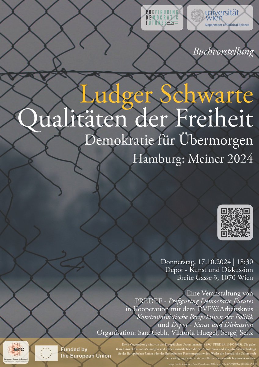 Im Rahmen des Workshops wird am 17. Oktober 18:30Uhr <a href="/LudgerSchwarte/">Ludger Schwarte</a> sein neues Buch "Qualitäten der Freiheit. Demokratie für Übermorgen" im Depot Wien vorstellen. Die Veranstaltung ist öffentlich.

Details hier:
predef.univie.ac.at/news-events/de…