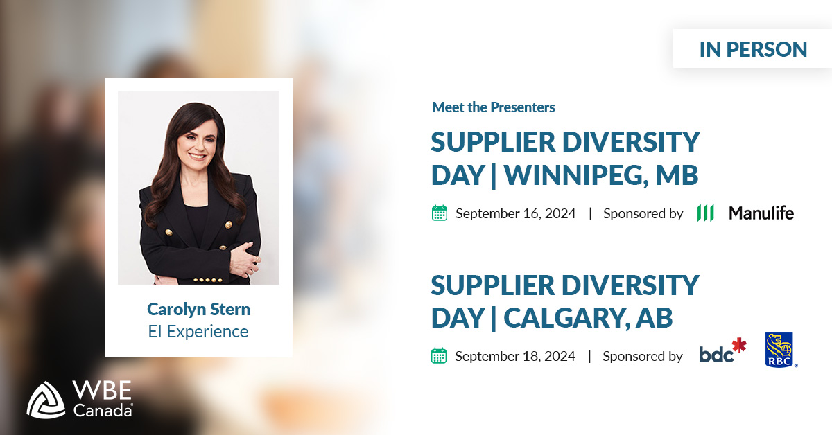 ei_experience's tweet photo. Excited to share that our CEO, @carolynstern, will speak at #SupplierDiversityDay in #Winnipeg &amp; #Calgary, hosted by @WBECanada! 🌟 Join us for a day of networking &amp; inspiration with women-owned businesses &amp; diverse suppliers. 
Don’t miss out—register now! https://t.co/dk8aUImLZ3 https://t.co/ucvXfMTQKb