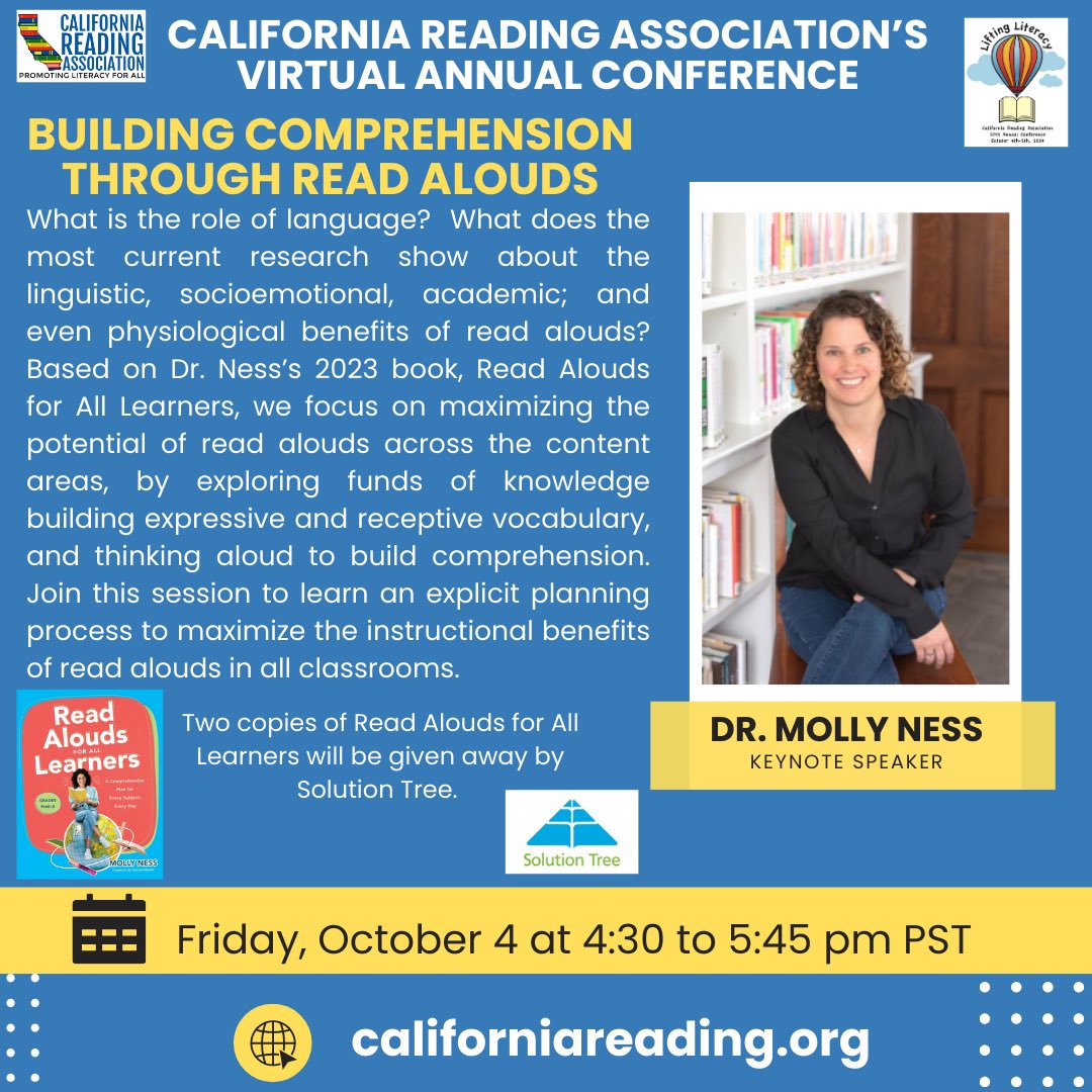 Lindsay Summers (@lsummers28) on Twitter photo Register today for the <a href="/CRAreading/">CA Reading Assoc</a>’s Annual Conference to learn from the exceptional <a href="/drmollyness/">Molly Ness / End Book Deserts</a>! Mollys session is titled “Building Language Comprehension Through Read Alouds.” Molly is presenting live on October 4, and her session will be recorded & available for 60 days. Register today for the <a href="/CRAreading/">CA Reading Assoc</a>’s Annual Conference to learn from the exceptional <a href="/drmollyness/">Molly Ness / End Book Deserts</a>! Mollys session is titled “Building Language Comprehension Through Read Alouds.” Molly is presenting live on October 4, and her session will be recorded & available for 60 days.