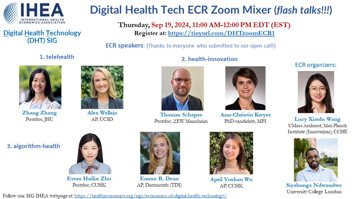 Lucy Xiaolu Wang (@lucyxiaolu_wang) on Twitter photo Join the #DigitalHealthTech ECR Zoom mixer by IHEA (<a href="/healtheconomics/">International Health Economics Association (IHEA)</a>)⏰9/19 11am-12pm EST. Scholars w origin/geo-focus 🇺🇸🇨🇳🇭🇰🇩🇪🇬🇧🇪🇺🇷🇼🌐(4 continents+)! <a href="/zhang_zhang02/">Zhang Zhang</a> <a href="/AlexWellsjo/">Alex Steiny Wellsjo</a> <a href="/ThomasSchaper/">Thomas Schaper</a> <a href="/AnnKreyer/">Ann-Christin Kreyer</a> #EvoraHZhu <a href="/emmabdean/">Emma Boswell Dean</a> <a href="/Wuxiaoshanshan/">Yushan_WU</a>
Register at tinyurl.com/DHTzoomECR1 Join the #DigitalHealthTech ECR Zoom mixer by IHEA (<a href="/healtheconomics/">International Health Economics Association (IHEA)</a>)⏰9/19 11am-12pm EST. Scholars w origin/geo-focus 🇺🇸🇨🇳🇭🇰🇩🇪🇬🇧🇪🇺🇷🇼🌐(4 continents+)! <a href="/zhang_zhang02/">Zhang Zhang</a> <a href="/AlexWellsjo/">Alex Steiny Wellsjo</a> <a href="/ThomasSchaper/">Thomas Schaper</a> <a href="/AnnKreyer/">Ann-Christin Kreyer</a> #EvoraHZhu <a href="/emmabdean/">Emma Boswell Dean</a> <a href="/Wuxiaoshanshan/">Yushan_WU</a>
Register at tinyurl.com/DHTzoomECR1