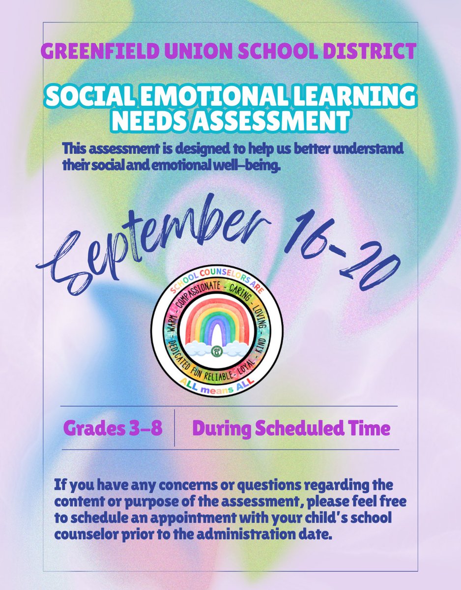 We’re launching our Social Emotional Learning Needs Assessment from September 16-20 for grades 3-8! This initiative will help us understand our students' emotional well-being &amp; assess our school climate! A huge shoutout to our amazing counselors for designing this assessment! 🎉