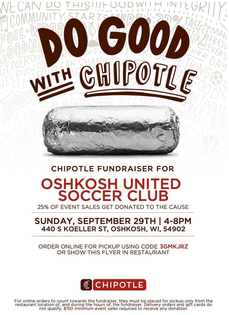 Stop on by Sunday, Sept. 29 from 4-8:00pm and pick up some awesome dinner and support Oshkosh United at the same time! Be sure to show this flyer or to use the code: 3GMKJRZ when ordering online!