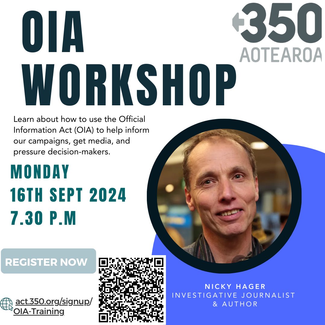 The Official Information Act (OIA) is a crucial tool to help inform our campaigns and craft media stories.

Come to our training with Nicky Hager 7:30pm Monday and learn how to make impactful OIA requests!
act.350.org/signup/OIA-Tra…