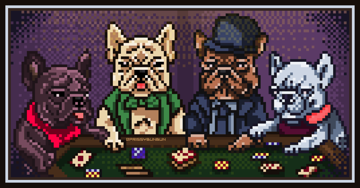 Prissybunbun's tweet photo. At my Auntie’s house, I was always captivated by a rug on the wall. It depicted dogs playing cards, both cute and entertaining due to their serious expressions. Over time, I learned #Poker and understood the serious mood. @Pixel_Dailies 
#pixelart #ドット絵 #Pixel_Dailies #dog https://t.co/spzSIJF8w4