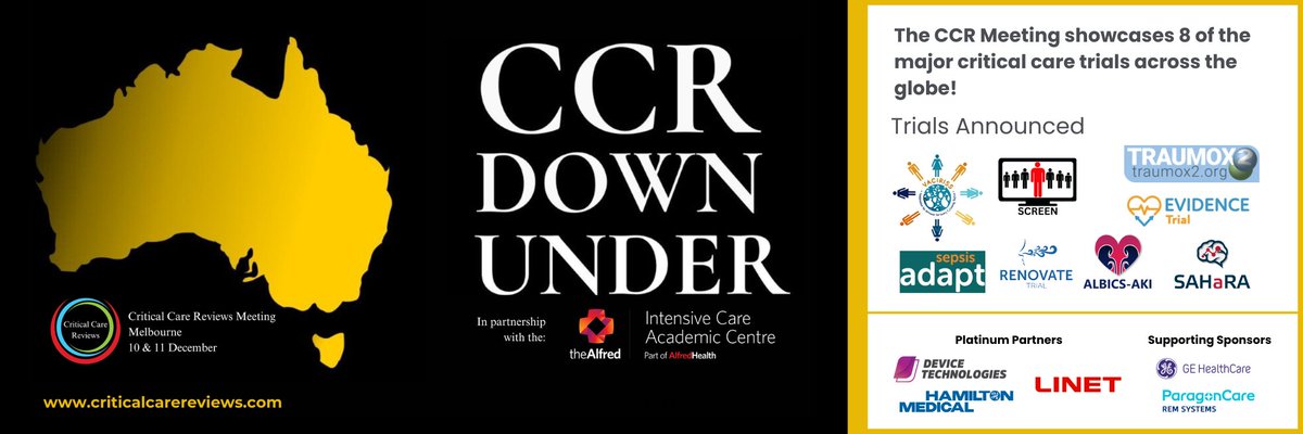 Critical Care Research Group (@ccrg_research) on Twitter photo Countdown is on to <a href="/CritCareReviews/">Critical Care Reviews</a> Down Under!
🇦🇺Discover the world's best clinical trials all in one place
🐨 Extensive scientific and social program
🦘No need to travel to Belfast!
CCR Down Under
10 & 11 Dec 2024
Melbourne, Australia
Register now
web.cvent.com/event/36a92986… Countdown is on to <a href="/CritCareReviews/">Critical Care Reviews</a> Down Under!
🇦🇺Discover the world's best clinical trials all in one place
🐨 Extensive scientific and social program
🦘No need to travel to Belfast!
CCR Down Under
10 & 11 Dec 2024
Melbourne, Australia
Register now
web.cvent.com/event/36a92986…