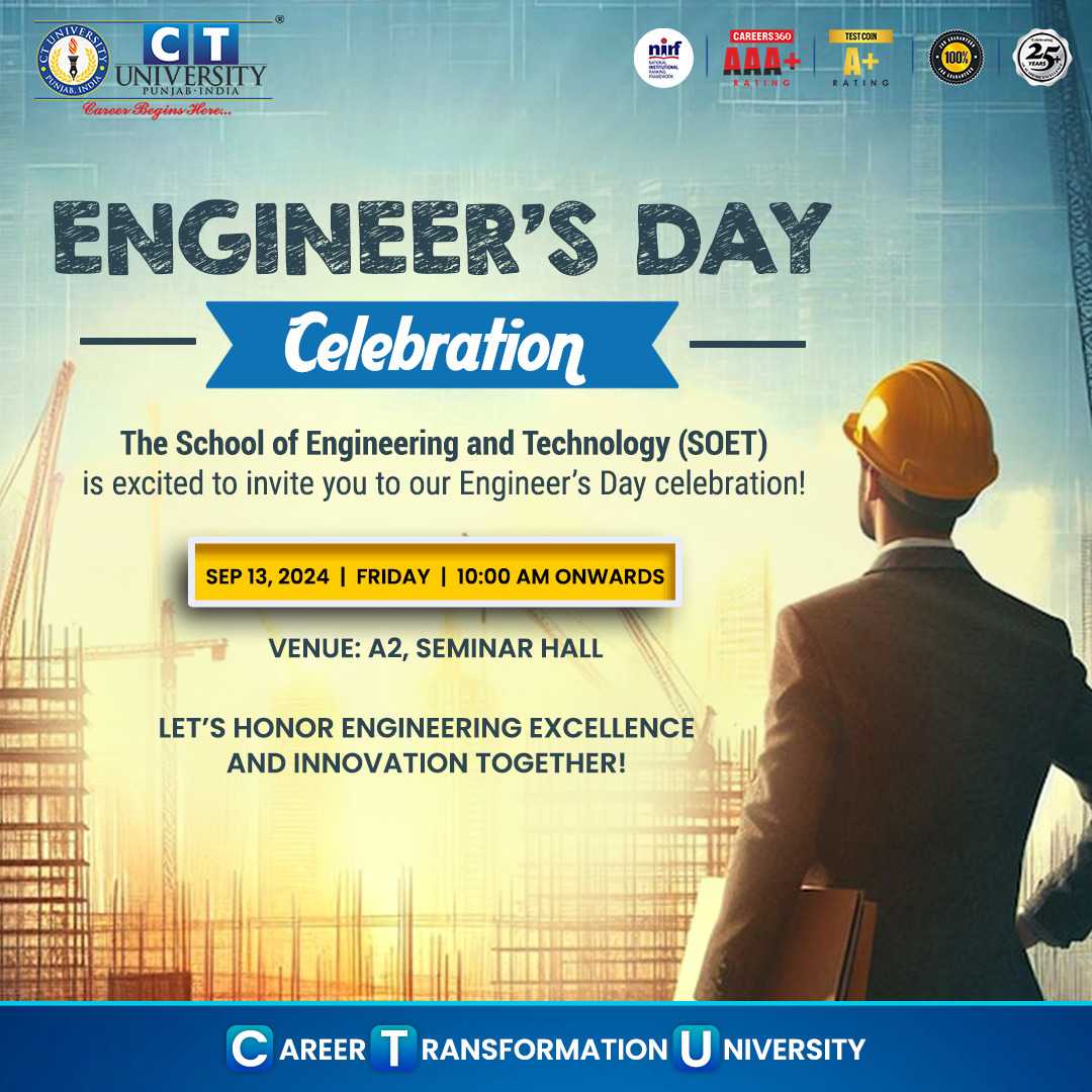 CT_University's tweet photo. Join us on September 13, 2024, at 10:00 AM in A2, Seminar Hall, to celebrate Engineers Day and honor the excellence and innovation of engineers shaping the future. Don't miss it!

#CTU #EngineeringsDay #celebrations #technology #SOET #engineers #innovation #CTians #TeamCT https://t.co/W1bvg5w2Lc